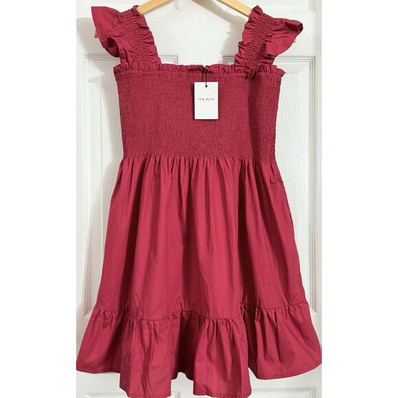 New FEW MODA Lanza Dress Smocked Square Neck Flutter Sleeve Magenta Red Size L - Picture 1 of 4
